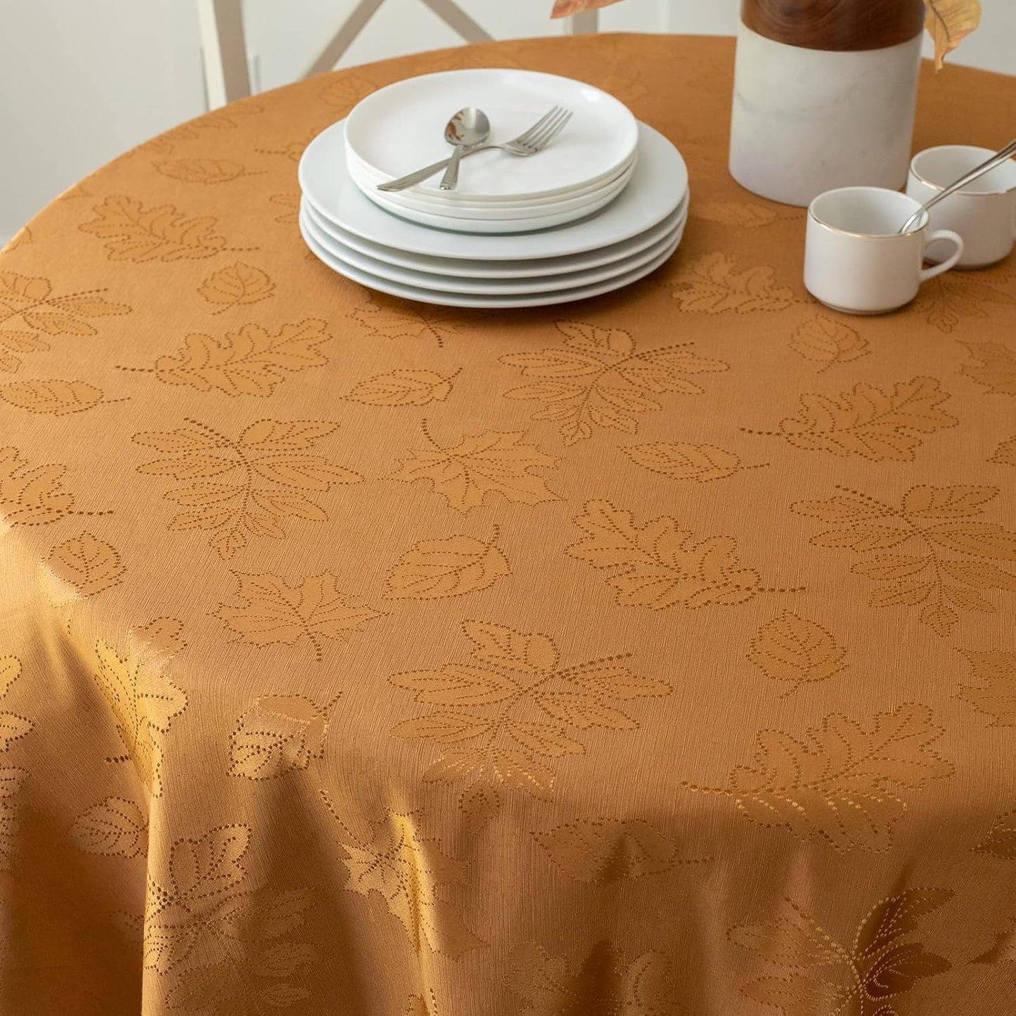 Benson Mills Harvest Legacy Damask Fabric Table Cloth Fall, Harvest, and Thanksgiving Tablecloth (Amber-Bronze, 70" Round)