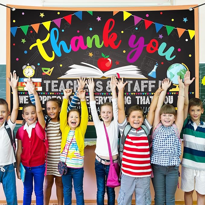 Happy Teacher Day Banner Teacher Appreciation Week Decorations Flag Outdoor 71x44 Inch School Classroom Backdrop,Thank You Teacher Gifts for Indoor Home Party Supplies,Yard Sign Photography Background