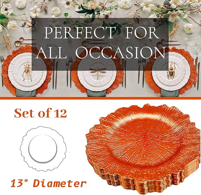 MAONAME 13" Orange Charger Plates, Round Reef Chargers for Dinner Plates, Plastic Plate Chargers for Table Setting, Wedding Decor, Set of 12