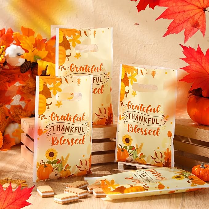 Supervitae 100 Pcs Thankful Grateful Blessed Party Gift Bags Fall Harvest Favor Bags Bulk with Handles for Thanksgiving Snacks Goodie Candy Treat Party Supplies