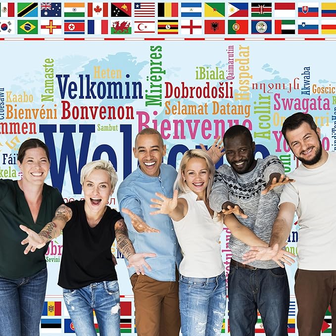 Homewelle International Flag Backdrop 8Wx6H Feet Polyester Fabric World Map Colorful Multilingual Welcome Banner Decoration Country Events Sports Club Favors Photography Background Photo Shoot Props