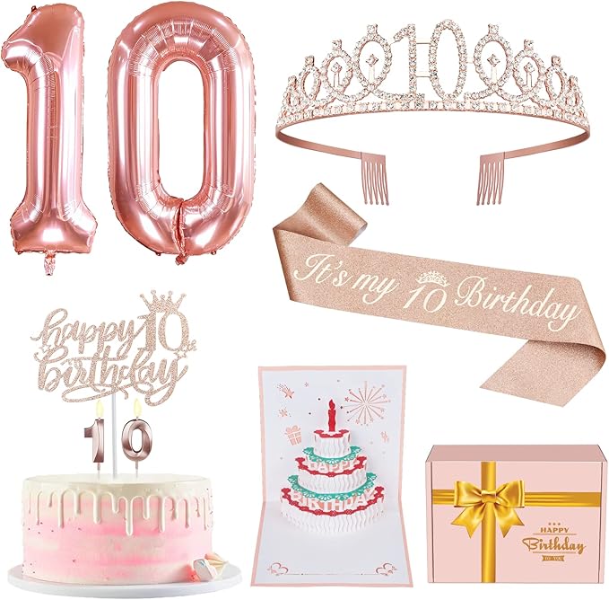 10th Birthday Decorations for Girls, Include 10th Birthday Sash and Tiara, Cake Topper and Candles, Number Balloons, 3D Pop Up Greeting Card, 10 Year Old Gifts for Girls