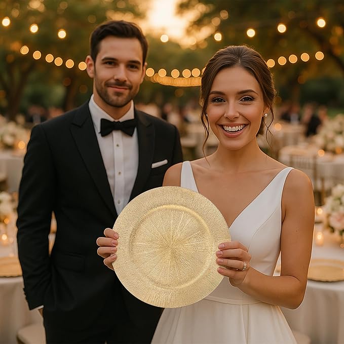 JEVERGN 10 Pack Gold Charger Plates, 13" Plating Linear Chargers for Dinner Plates, Gold Plate Chargers Set of 10, Round Plastic Charger for Wedding, Party Event, Dinner, Table Setting