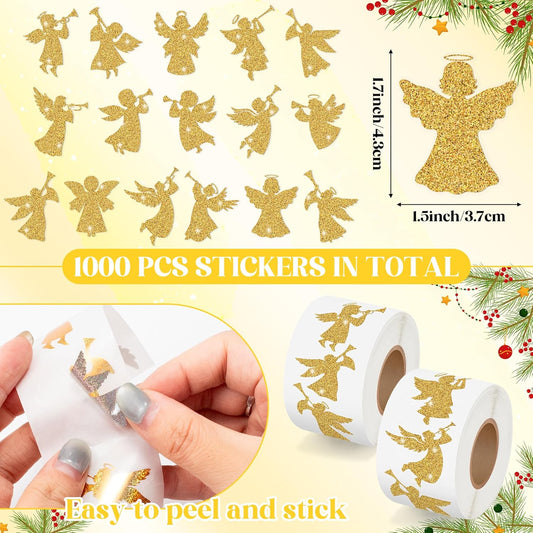 Gold Angel Christmas Stickers - 2 Rolls 16 Gold Foil Angel Designs Waterproof Holiday Decorations for Gift Wrapping, Scrapbook, Kids Crafts, Party Favors, Glass Windows & Laptop Decor