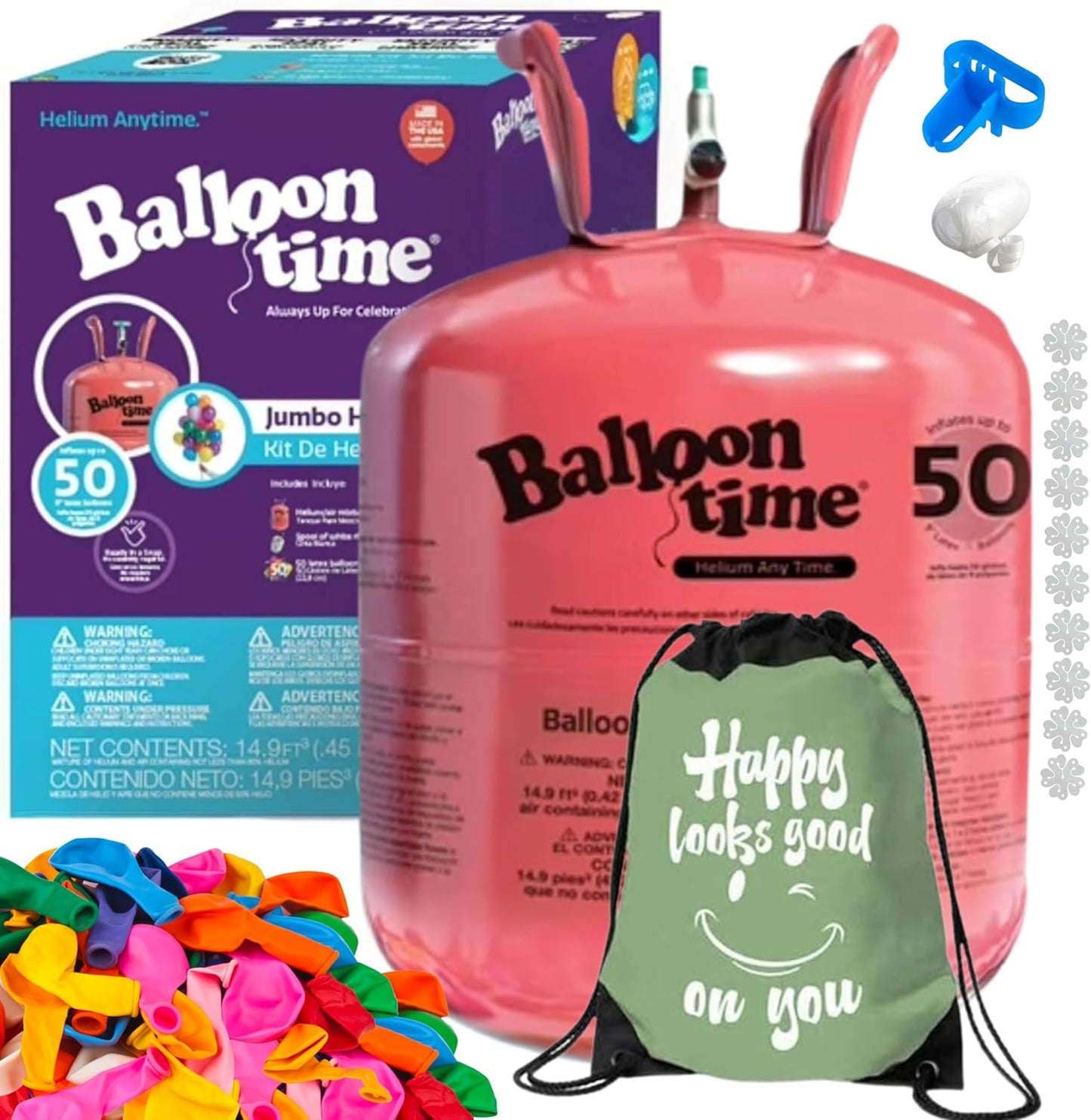 Blue Ribbon Balloon Time Disposable Helium Tank 14.9 cu.ft - 50 Latex Balloons + Balloon Tying Tool + Curling Ribbon