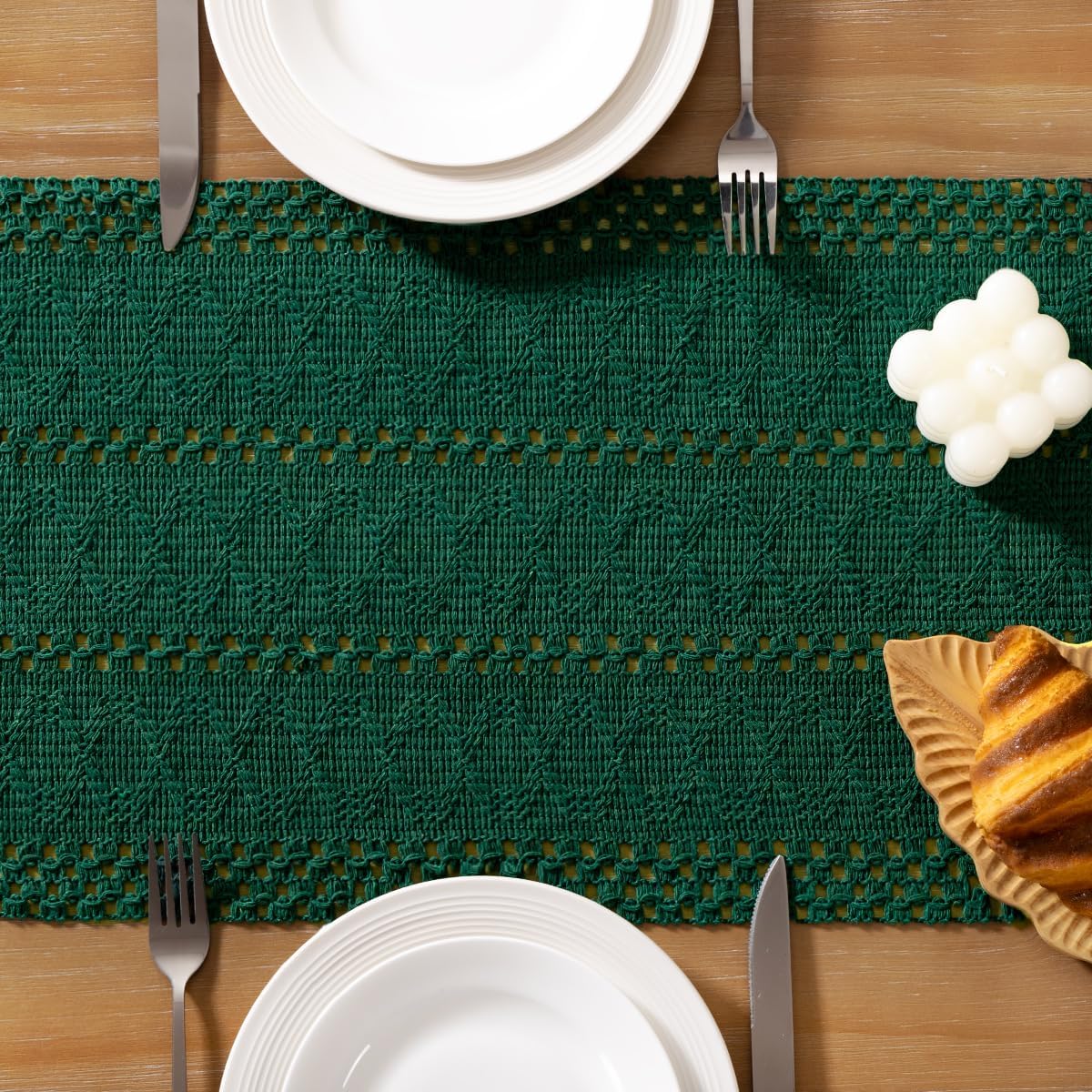 Socomi Boho Table Runner Macrame Long Fall Thanksgiving Farmhouse Woven Cotton Linen Rustic Coffee Table Runner with Tassels for Dresser Scarf Home Decor Dining Room 12x108 inch Emerald Green