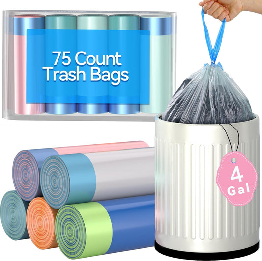 Small Drawstring Trash Bag 4 Gallon Random Colored Bathroom Garbage Bag 75 Count Trash Can Liner for Bathroom, Office, Bedroom, Kitchen