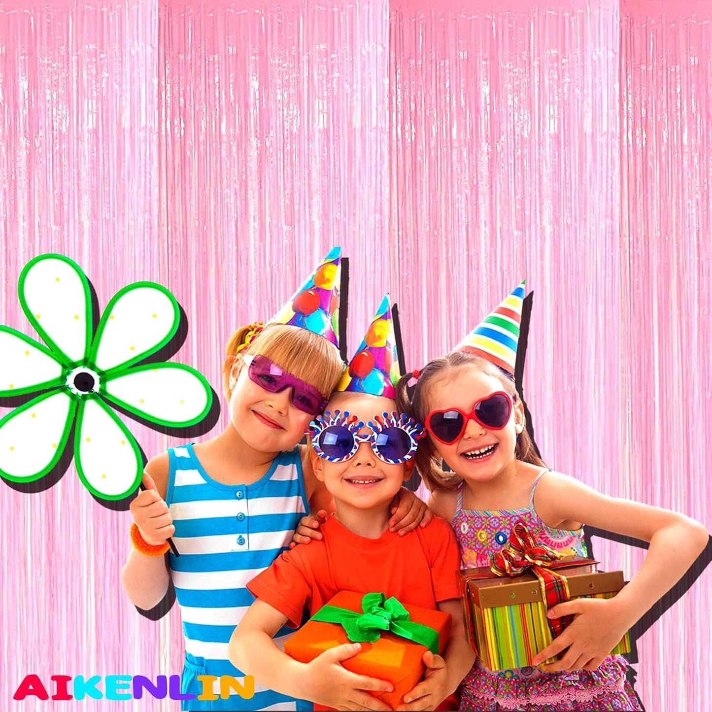 4 Pack 3.3Ft x 6.6Ft Pink Foil Fringe Curtain Backdrop, Metallic Tinsel Foil Fringe Streamers Curtains Background for Photo Booth, Birthday, Wedding, Valentine's Day Party Decoration
