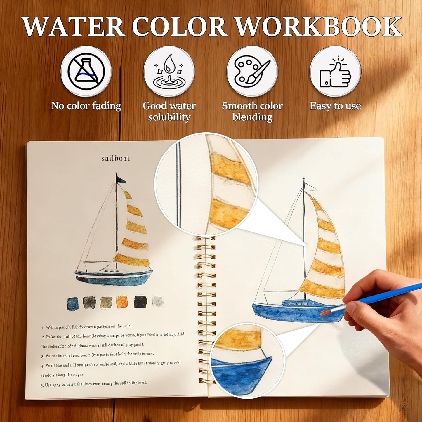 Hugsgarden Watercolor Workbook,Beginner Friendly Watercolor Workbooks, Water Coloring Book Step-by-Step Painting Practice Book with 12 Color Watercolors Paint Set for Adults