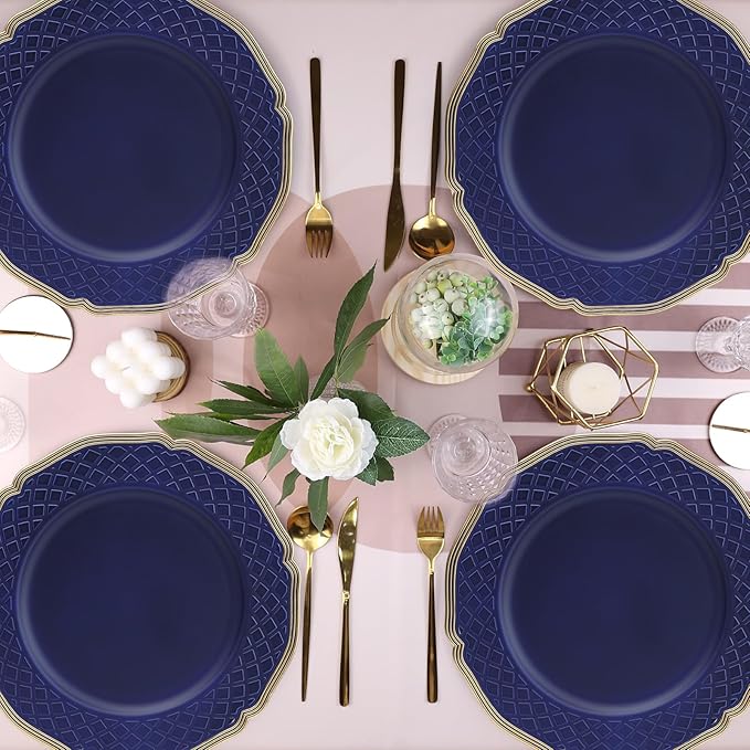 Royal Blue Charger Plates with Beaded Rims, Set of 6 Plastic Wedding Bulk Plate Charges for Dinner Plates, Table Decoration, Holiday, Thanksgiving, Christmas.