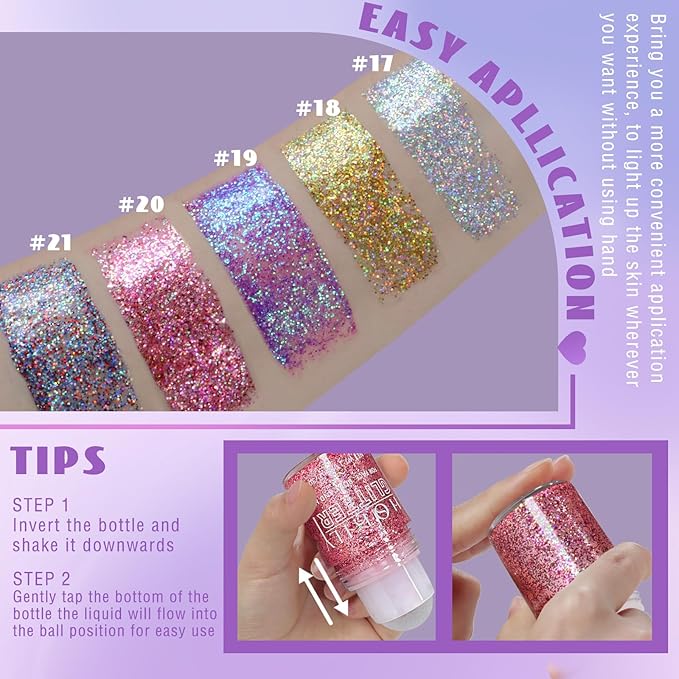 HOSAILY Roll-on Holographic Body Glitter Gel for Face Hair, Chameleon Color Changing Glitter Gel Under Light, Chunky Mermaid Sequins Festival Party Rave Accessories Shimmer Makeup (Pink)