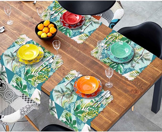 Yibeas Geometric Shapes Palm Trees Cloth Napkins Set of 4 Soft Watercolor Tropical Leaves Hexagon and Triangle Washable and Reusable Dinner Napkins for Weddings Parties 18 x 18 inch