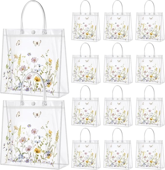Kacctyen 24 Pcs Wildflower Gift Bags Wildflower Theme Clear PVC Bags with Handles Flower Party Favors for Wedding Birthday Baby Shower Party Supplies Return Gift Wrap Totes for Guests