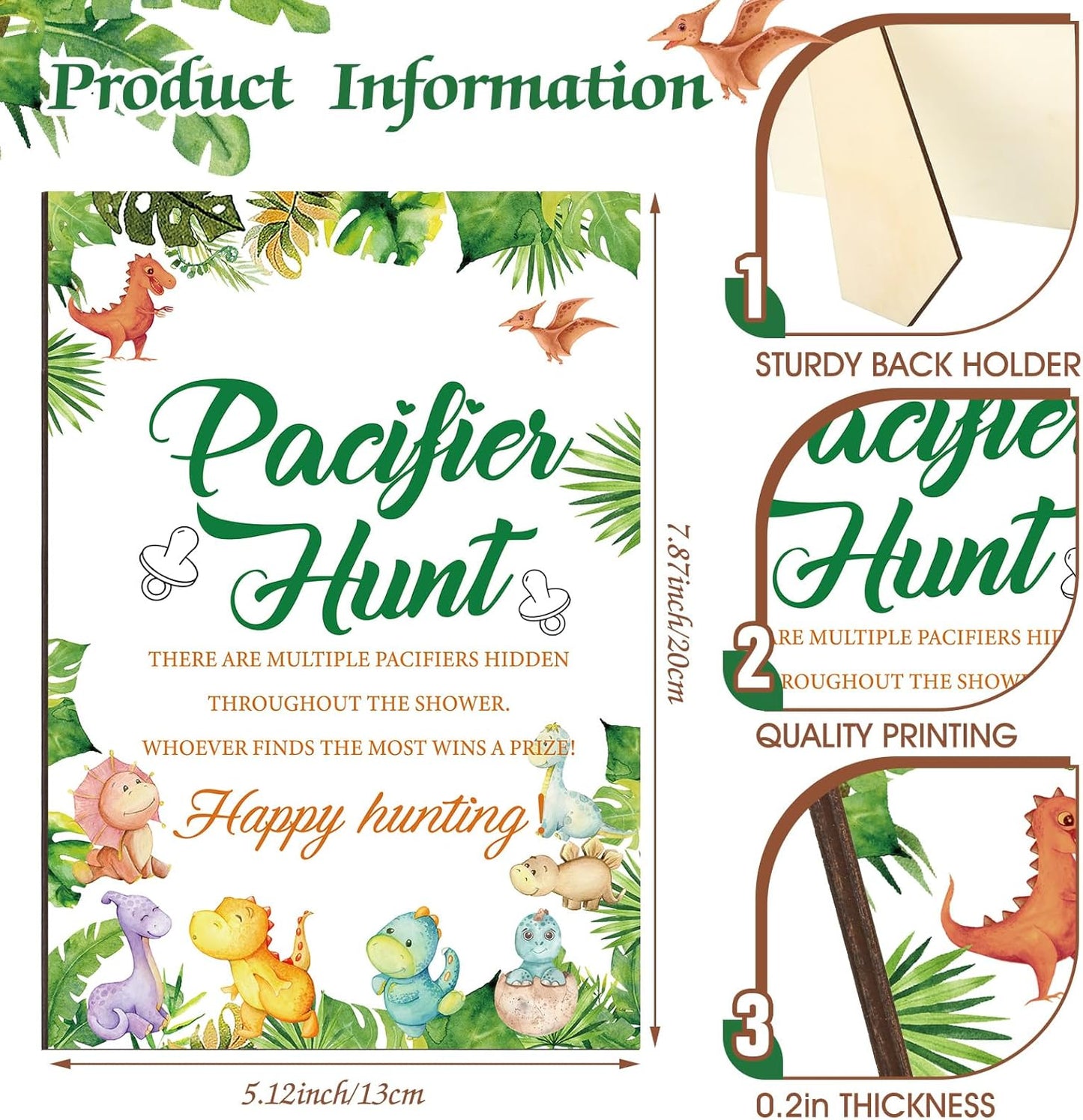 Thyle 51 Pcs Pacifier Hunt Baby Shower Games Include Hunt Sign and 50 Acrylic Pacifiers for Baby Shower Game Decoration Gift Sets Gender Reveal Party Decor(Dinosaur)