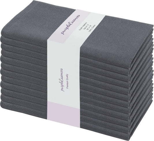 PurpleEssences Set of 12 Cloth Dinner Napkins 100% Cotton 18x18 Inch - Soft Durable Washable - Ideal for Farmhouse Party Fall Thanksgiving - Perfect Everyday Use Table Linen - Dark Gray