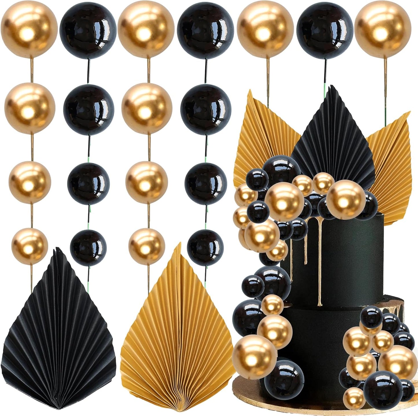 Ephlyn 28Pcs Paper Palm Fan Cake Topper Balls Cake Pick Decoration for Baby Shower Wedding Bridal Shower Birthday Party DIY Cake Decorations Supplies Black Gold