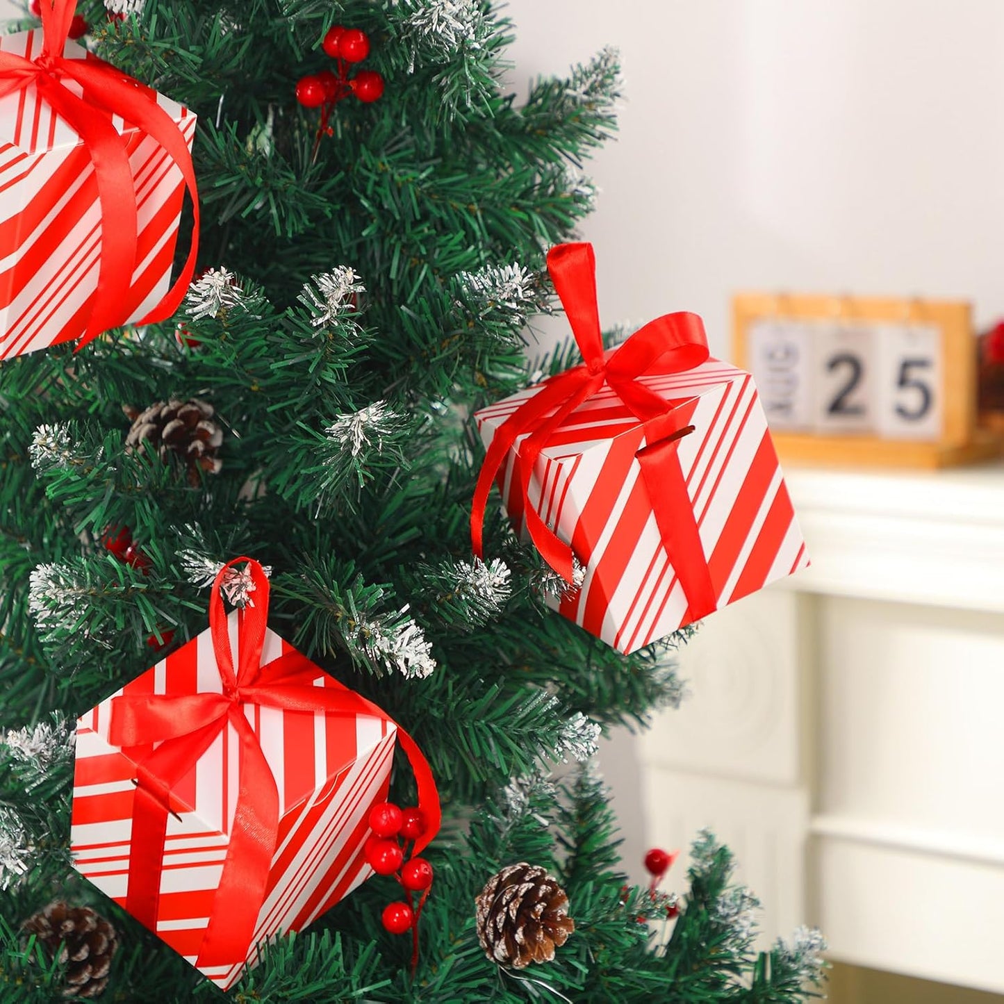 Dispowreath 48 Pcs 4x4x4 Christmas Gift Boxes with Ribbon Xmas Small Box with Lids Treat Boxes for Gift Wrapping Ornaments Wedding Holiday Birthday Party Favor(Red White Stripe)