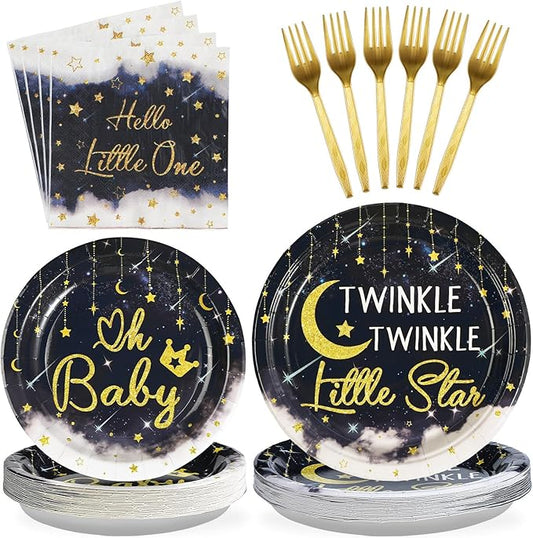 Grencian Twinkle Twinkle Little Star Decorations 96Pcs Gender Reveal Party Supplies Plates and Napkins Baby Shower Disposable Tableware for Baby Girls or Boys Gender Reveal Party Decorations Serve 24