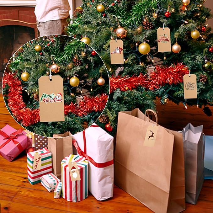 200 Pack Kraft Tags with String Attached,Large Marking Tags Paper Hanging Tags with Elastic Rope Attached,Writable Price Tags Blank Paper Gift Tags for All Occasions
