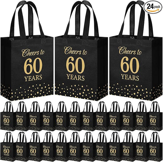 Supervitae 24 Cheers to 60 Years Gift Party Bags Medium Black and Gold Party Decoration Supplies Reusable Non Woven Totes for Birthday Anniversary Wedding Favor(9.8" x 7.9" x 3.9")