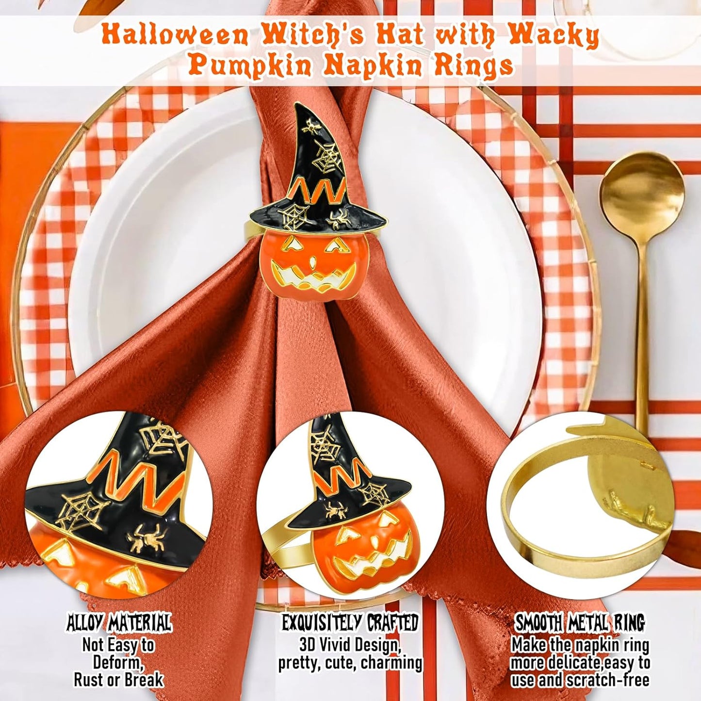 Legigo Set of 12 Halloween Napkin Rings for Dinning Table Settings- Horror Scary Orange Pumpkin Black Witch Hat Napkin Holder Ring for Holiday Party Kitchen Dinner Table Decarations