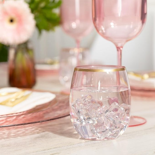 PLASTICPRO 12 Pack Pink With Gold Rim Plastic Wine Glasses Stemless Disposable 12 oz BPA Free Shatterproof Plastic Wine Cups Wine Glasses for Parties