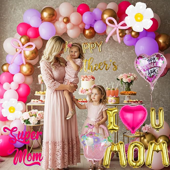 Mothers day Balloon Garland Kit Hot Pink and Rose gold Rustic Elegant Party Decorations with Foil Heart Letters Floral Basket Daisy Balloons for Indoor Outdoor Premium Party Supplies