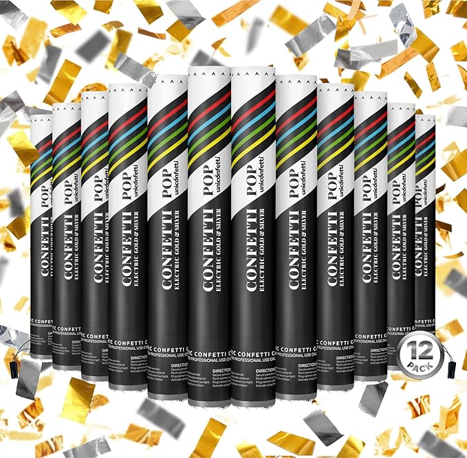 Electric Confetti Cannon Cartridges, 12pcs. - 16" Gold & Silver Confetti Poppers for Weddings, Parties, Events | Requires 2-shot/4-shot Machine to Activate