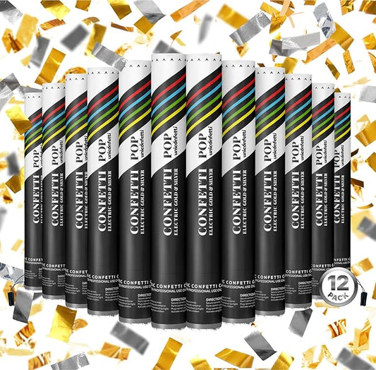 Electric Confetti Cannon Cartridges, 12pcs. - 16" Gold & Silver Confetti Poppers for Weddings, Parties, Events | Requires 2-shot/4-shot Machine to Activate