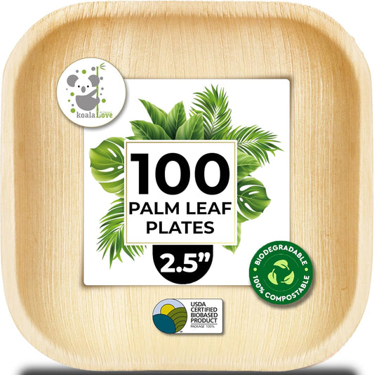 Palm Leaf Plates Bamboo Paper Disposable 2.5 Inch Small Mini Sushi Square Party Plates 100 Pack Bulk Biodegradable Compostable Elegant Alternative To Wooden Plastic Plate By KoalaLove