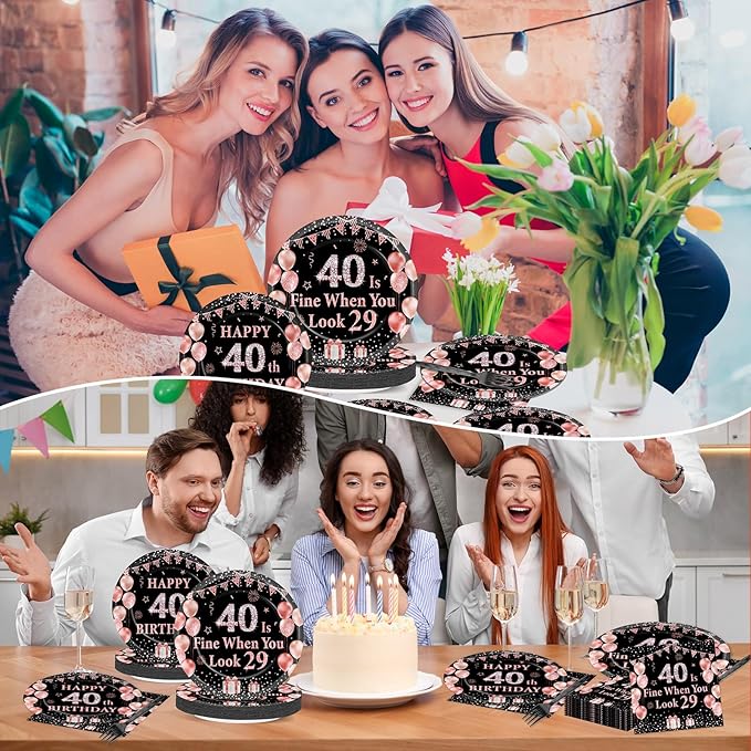 96PCS 40th Birthday Paper Plates and Napkins for 40 Is Fine When You Look 29 Themed Party Supplies Black Rose Gold Dinnerware Set for Women Cheers to Forty Birthday Gatherings Decorations