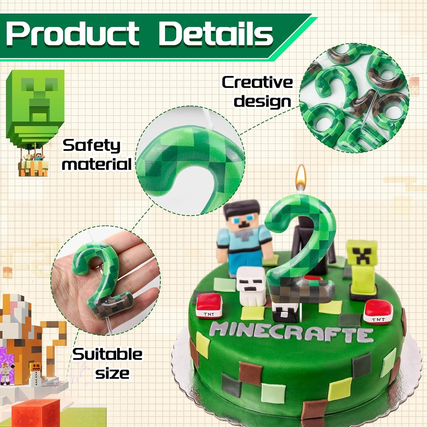 TNT Themed Birthday Cake Candle Number 2 Dynamite Themed Green Candle Birthday Party Decoration Cake Topper for Pixel Theme Birthday Party Anniversary Party Dynamite Party Video Game Party (Number 2)