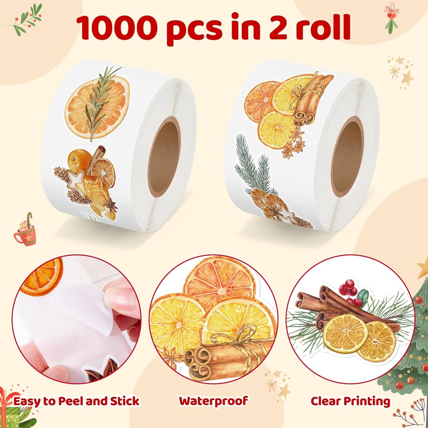 Christmas Watercolor Orange Sticker - 16 Dried Orange Designs Waterproof Vinyl with Removable Adhesive for Gift Wrapping, Scrapbooking, Kids Crafts, Water Bottle Laptop Decor Party Favors