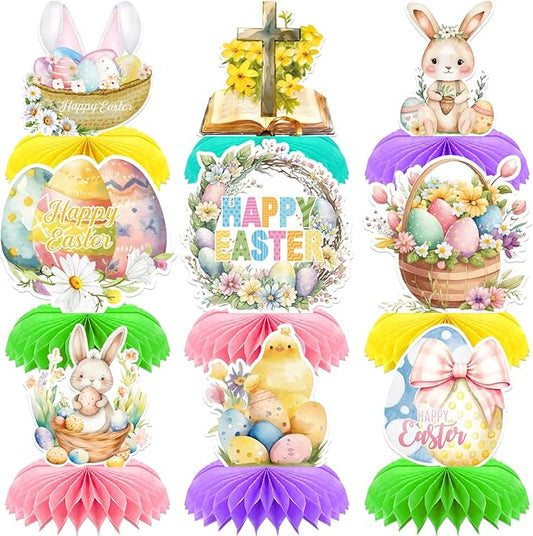 Easter Centerpieces for Tables Decorations, 9 Pcs Happy Easter Honeycomb Centerpieces, 3D Easter Bunny Egg Table Decoration for Easter Party Supplies, Spring Holiday Photo Prop