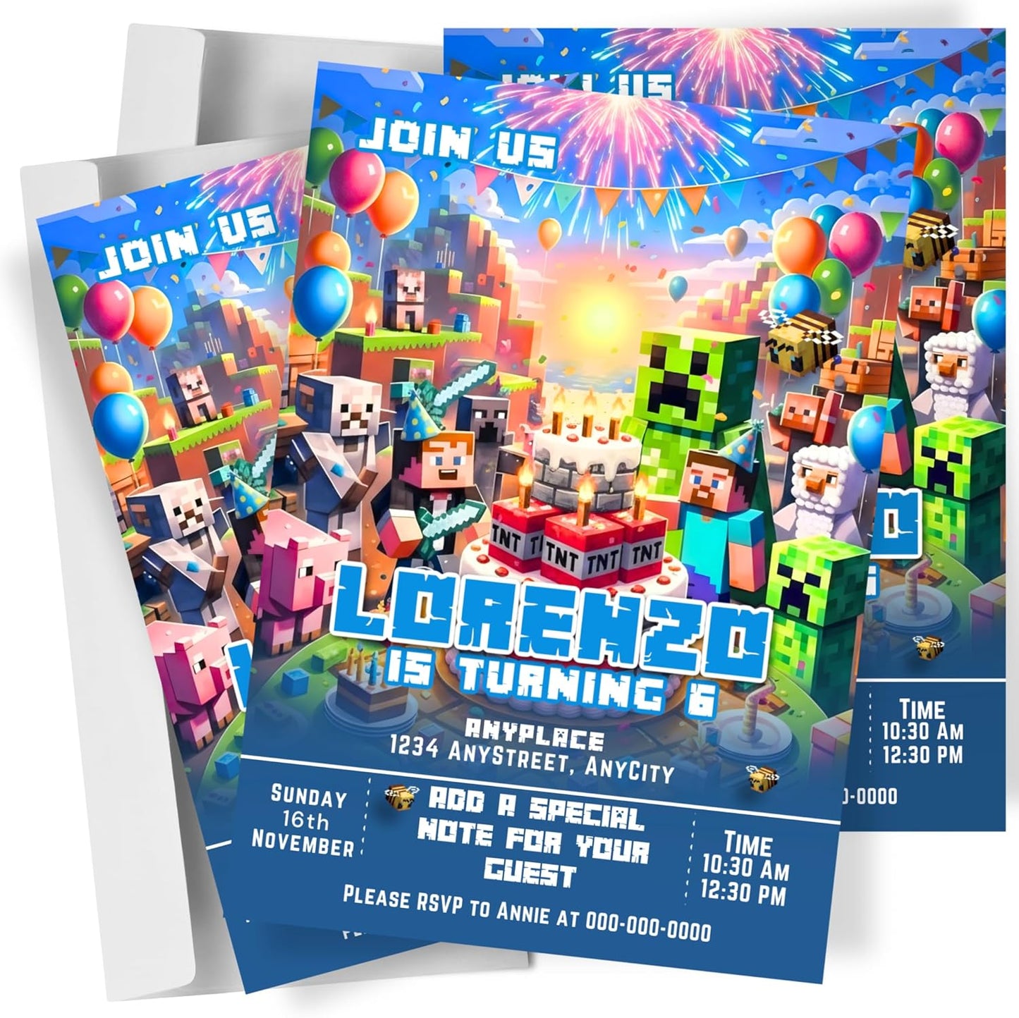 Fully Customizable minecraft Birthday Party Invitations, 4 x 6 inches, with Self-Sealing Envelopes, Gaming Theme Design, minecraft Birthday Invitations for Boys and Girls (Minecraft/Cake)