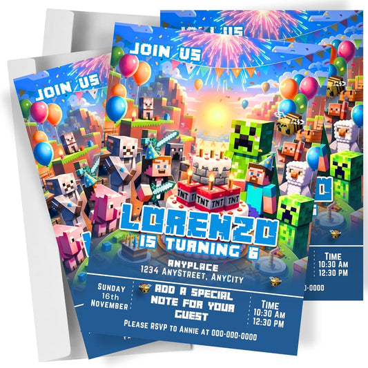 Fully Customizable minecraft Birthday Party Invitations, 4 x 6 inches, with Self-Sealing Envelopes, Gaming Theme Design, minecraft Birthday Invitations for Boys and Girls (Minecraft/Cake)