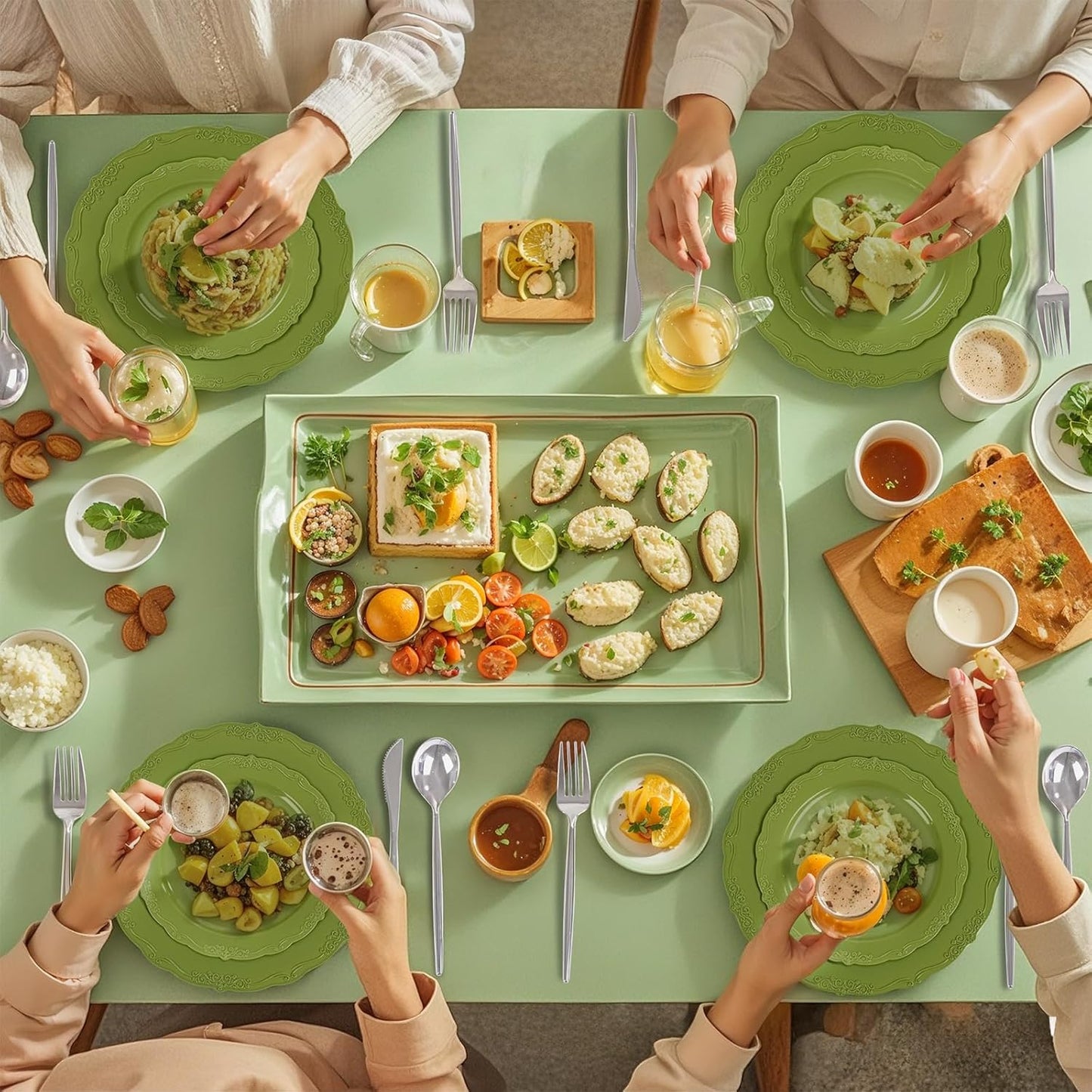 U-QE 100PCS Olive Green Plastic Plates - Plastic Green Plates Disposable Heavy Duty - Olive Disposable Plates for Party Including 50PCS 10'' Dinner & 50PCS 7.5'' Dessert