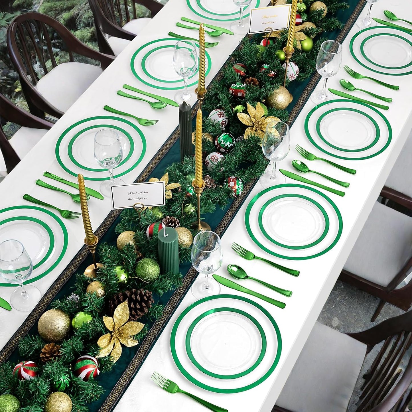 U-QE 200PCS Christmas Plates Disposable - Green Plastic Plates Disposable Heavy Duty- Holiday Plate Include 100 10" Dinner and 100 7" Dessert Platos, Perfect for Christmas Party