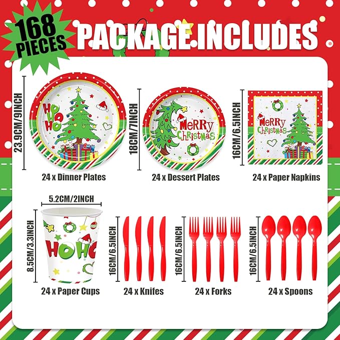 168Pcs Christmas Party Supplies Green Red Christmas Plates and Napkins Tableware Sets for Xmas Party Decorations Serves 24 Guests