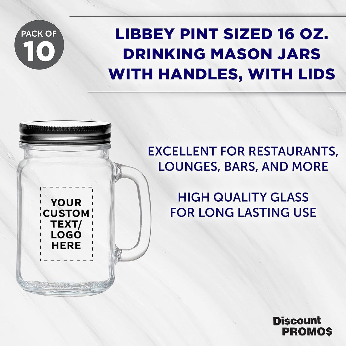DISCOUNT PROMOS Custom Libbey Handle Mason Jars w/Lids 16 oz. Set of 10, Personalized Bulk Pack - Traditional style, High standard - Clear