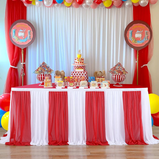 Reb and White Striped Table Skirt for Carnival Circus Party Decorations 6ft Red White Tulle Tutu Table Cloths for Birthday Party Baby Shower Table Decorations