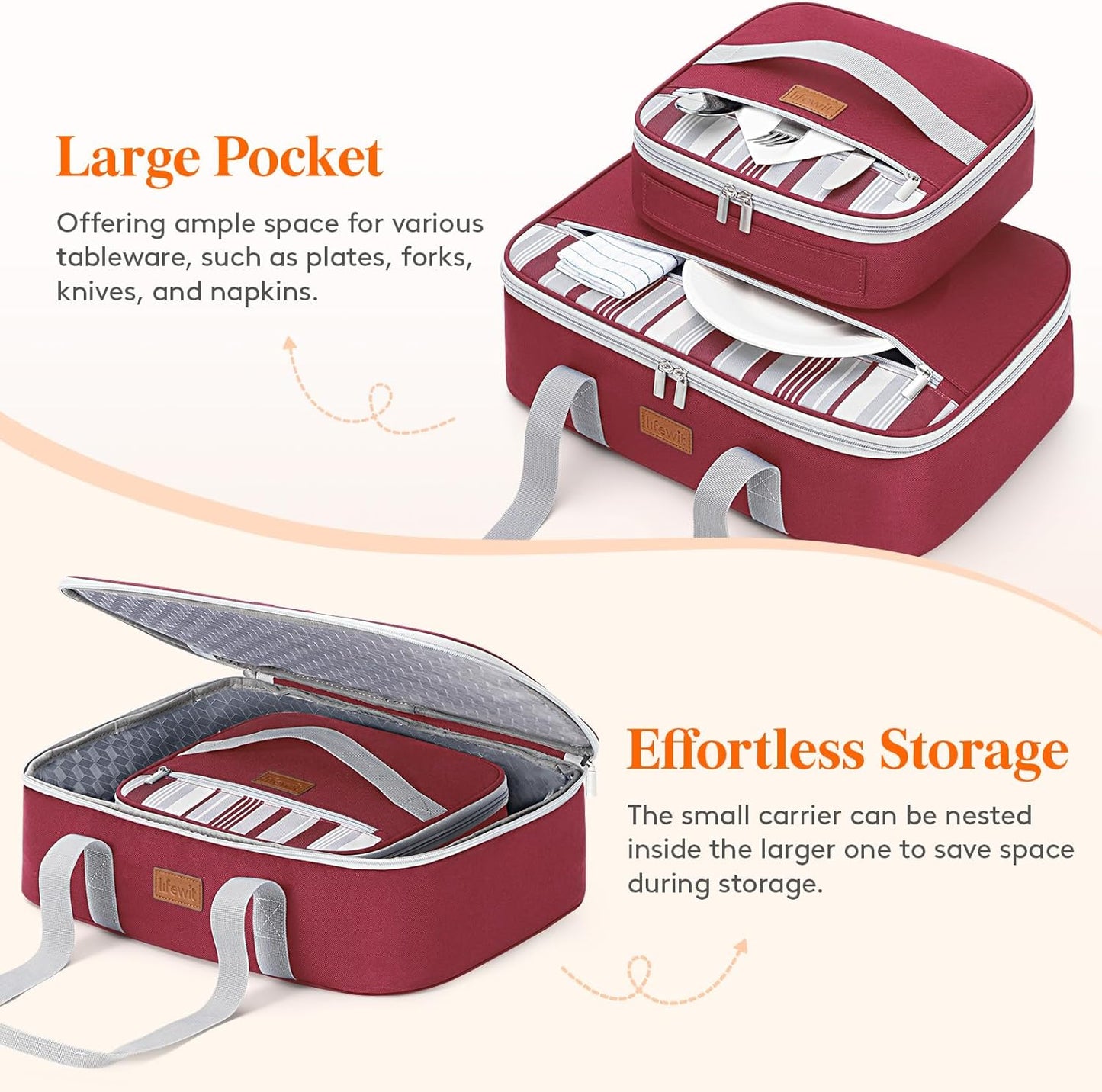 Lifewit Duo Insulated Casserole Carrier for Hot or Cold Food, Lasagna Holder 2 Compartments, Thermal Lunch Tote for Potluck Parties Cookouts, Fits 9"x13" Casserole Dish,Red