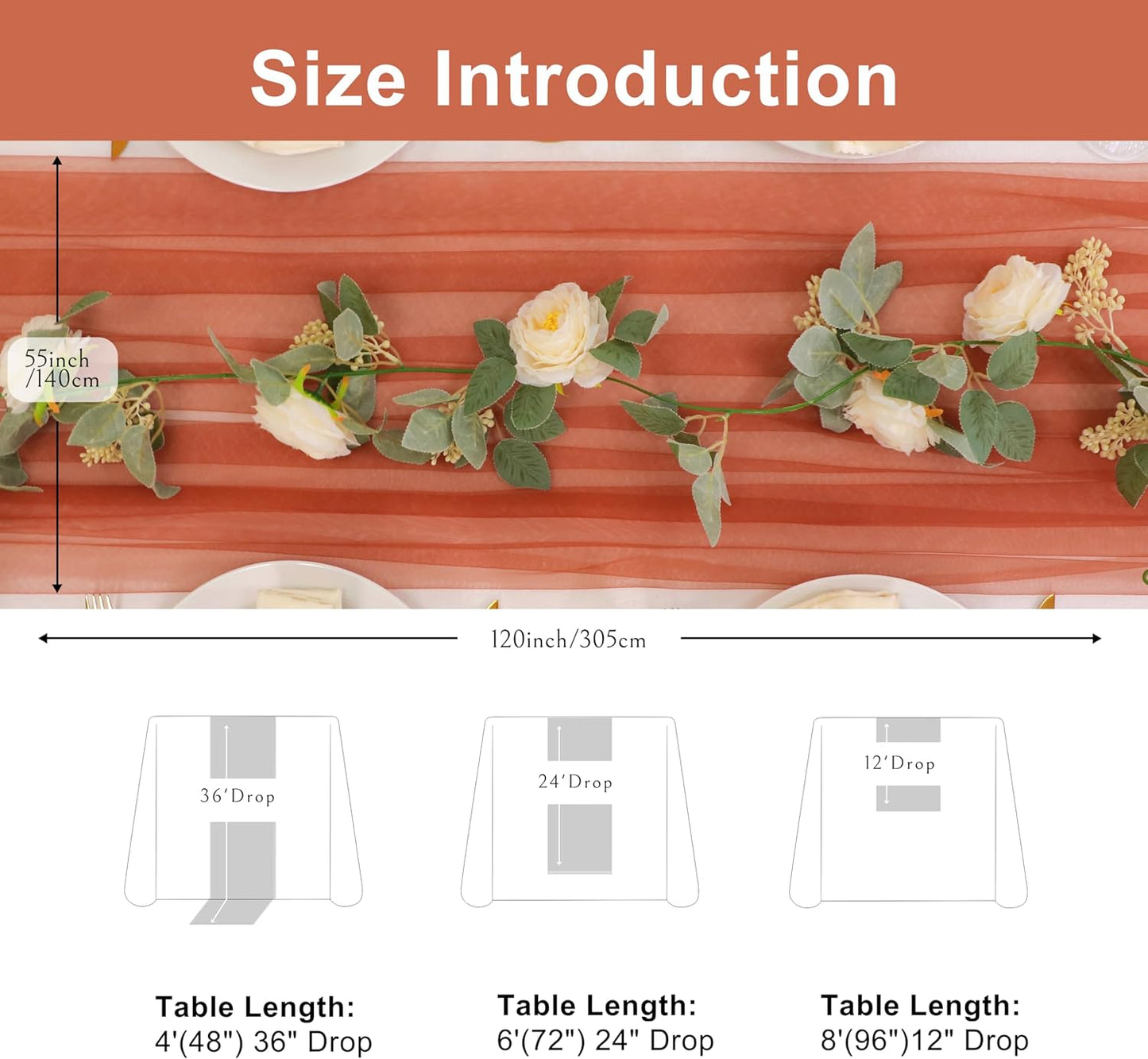 Snowkingdom Terracotta Table Runner, 10 FT Sheer Tulle Rust Cheesecloth Gauze Runner 120 Inch, Boho Fall Table Centerpieces Decoration for Thanksgiving Wedding Baby Bridal Shower Party