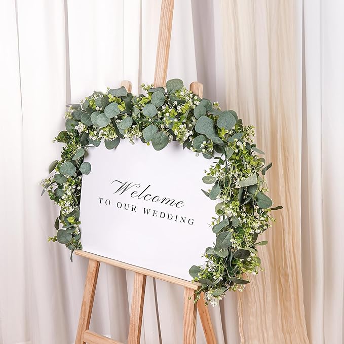 2 Pcs Artificial Eucalyptus Garland,5.9FT Greenery Garland with White Flowers,Faux Silver Dollar Fake Vines Hanging Green for Table Centerpieces Arch Wedding Backdrop Party Indoor Outdoor Decoration