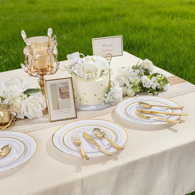 100Pcs Gold Plastic Dessert Plates, Plates Disposable Salad Plate with Gold Rim, Premium Hard Fancy Small Plate, Heavy Duty Plastic Cake Platos for Party, Wedding and Birthday