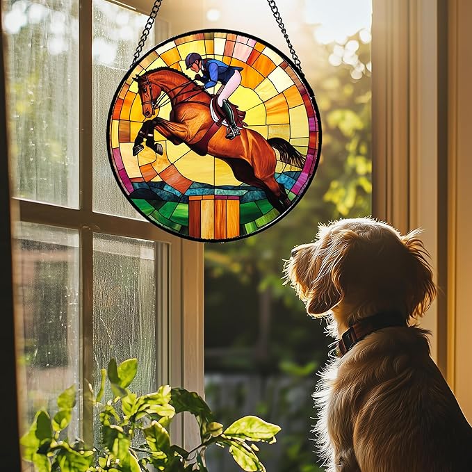 Stained Glass Window Hanging Equestrian Sports 6.3" - Horse Suncatcher Door Garden Sunroom Sun Catcher Home Decor Birthday Christmas for Mom Men Woman Nana