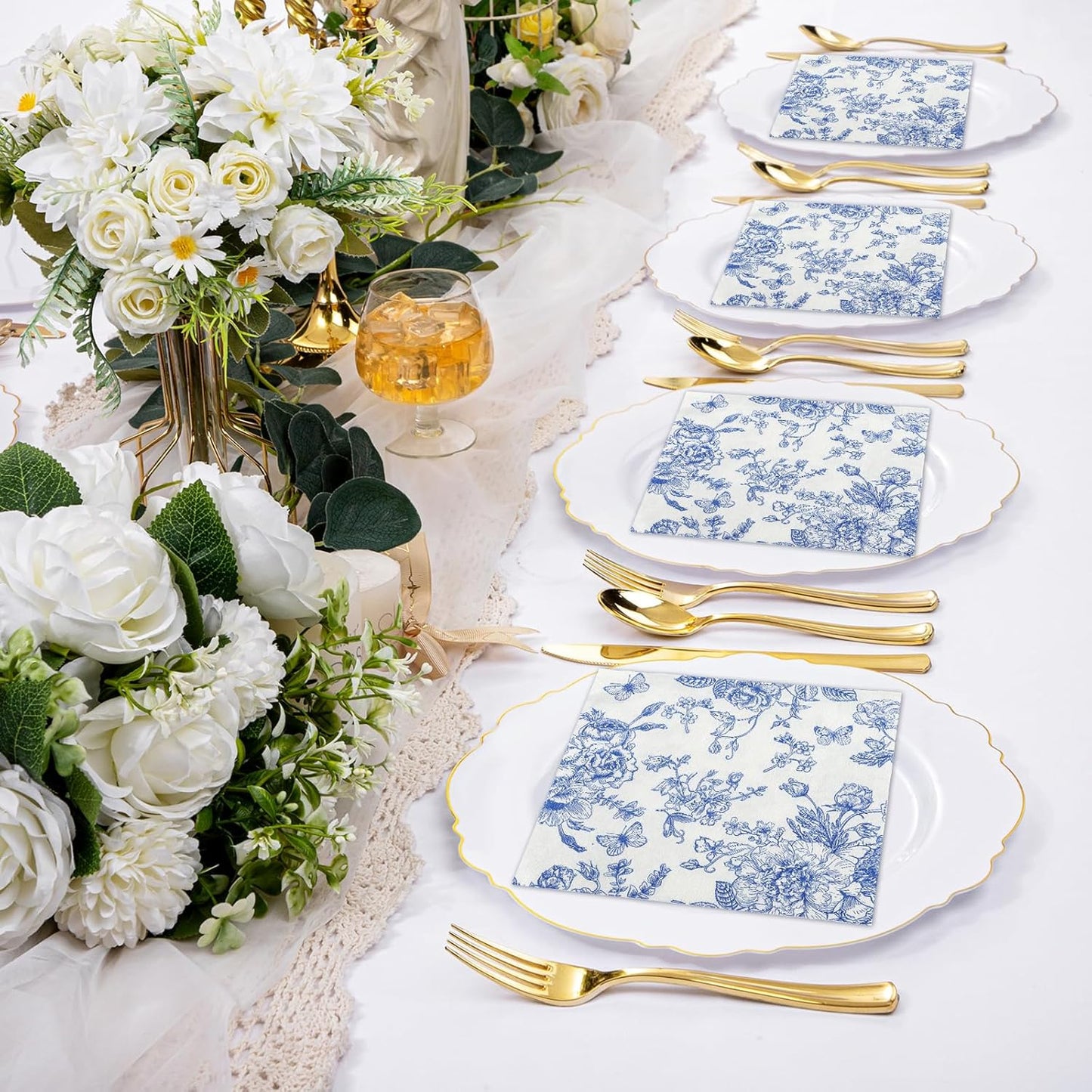100Pcs Blue Floral Napkins Beverage Cocktail Napkin Disposable Blue and White Paper Dinner Napkin Fancy Decorative Hydrangea Flower Guest Hand Towel for Wedding Bridal Baby Shower Tea Birthday Party