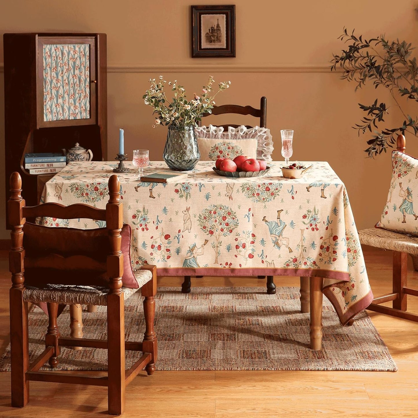 patdrea Designer Italian Beige Rectangle Tablecloth,Vintage Linen Trees Pattern Extra Long Table Cloth,Decor Table Cover for Kitchen Dining Christmas,Thanksgiving,Tea Party,67"x118"-Tatiana a