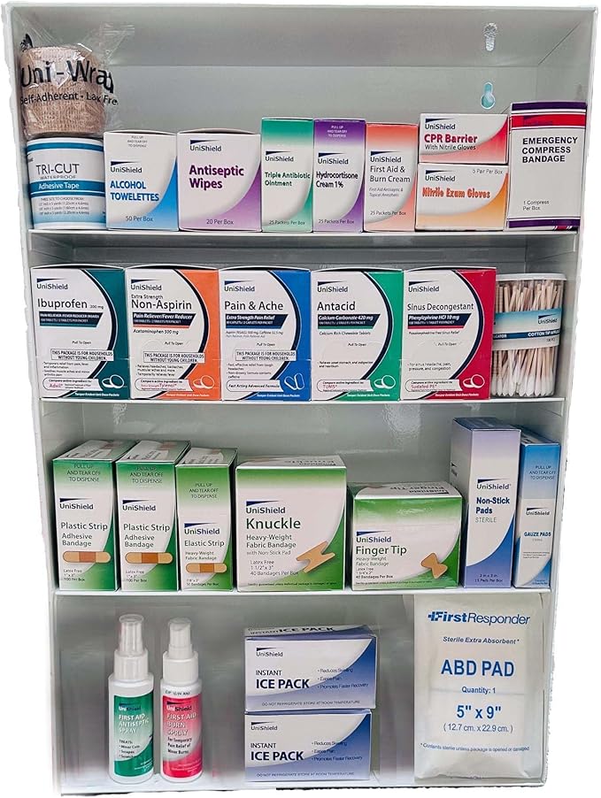 4-Shelf Restaurant Metal 1st Aid Cabinet Class B, Large Capacity First Aid Wall Mount Medicine Cabinet, Secure Metal Med Box with Easy Access, Exceeds OSHA/ANSI Z308.1 2015, Over 1250 Pieces