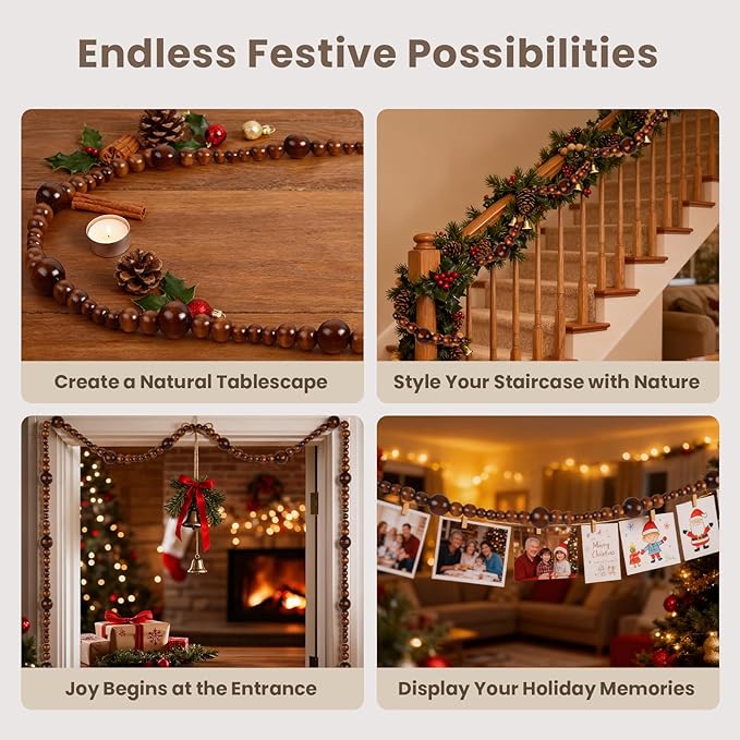 2PCS Christmas Wood Beads Garland 24 Feet Wooden Bead Garland Boho Ornaments for Christmas Tree, Xmas Vintage Rustic Farmhouse Round Craft Bead Hanging Holiday Decorations(Coffee)